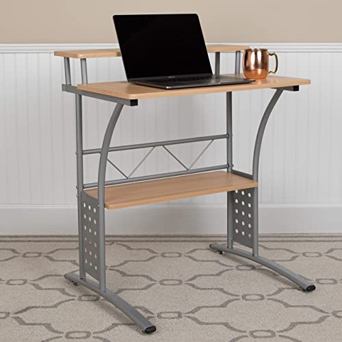 Flash Furniture Computer Desk with Top and Lower Storage Shelves, Metal, Maple, Set of 1
