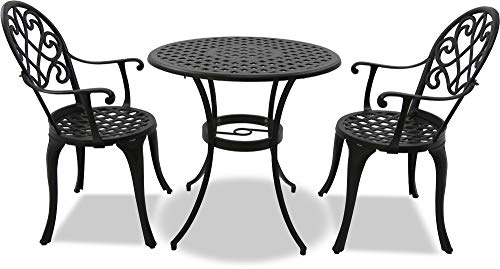 Homeology PREGO Garden & Patio Table & 2 Large Chairs with Armrests Cast Aluminium Bistro Set - Black