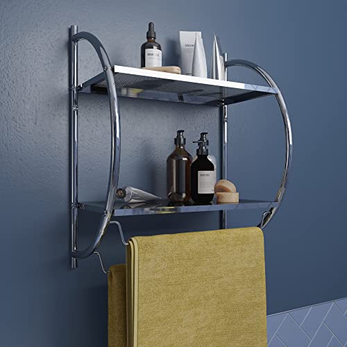 Croydex QM262041 Chrome Plated Mild Steel Wall Mounted Curved Shelving Unit and Towel Rack , 25.5 x 45 x 54.3 cm