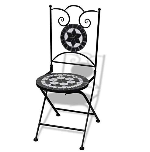 Foldable Bistro Chairs, Romantic Mosaic Bistro Chairs Weather-resistant Easy-to-Clean Ceramic Chair for Garden Patio Balcony Black and White