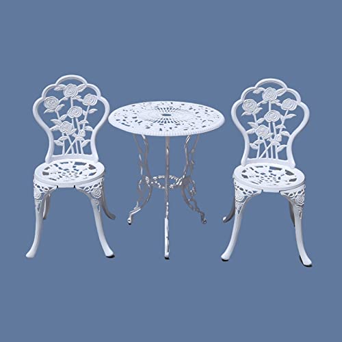Outdoor Furniture Bistro Set with Rose Pattern 1 Table 2 Chairs for Garden Patio Porch (Rose-White)