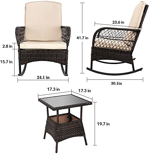 LeveLeve 3 Pieces Patio Conversation Set Chairs PE Wicker Outdoor Rocking Chairs Glass Table for Porch Lawn Garden Backyard Deck (A Sand)