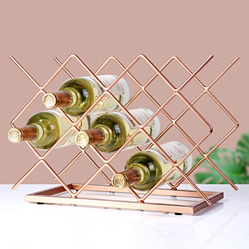 Drincarier Countertop Wine Rack - 10 Bottle Freestanding Modern Rose Gold Metal Small Wine Rack - Tabletop Wine Holder Stand for Cabinet, Pantry,