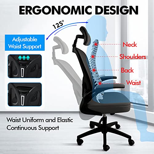 OWAY HOMELIVING Ergonomic Office Chair with Lumber Support Adjustable High Back Desk Chair with Flip-Armrest and Mesh Back for Home Computer Chai
