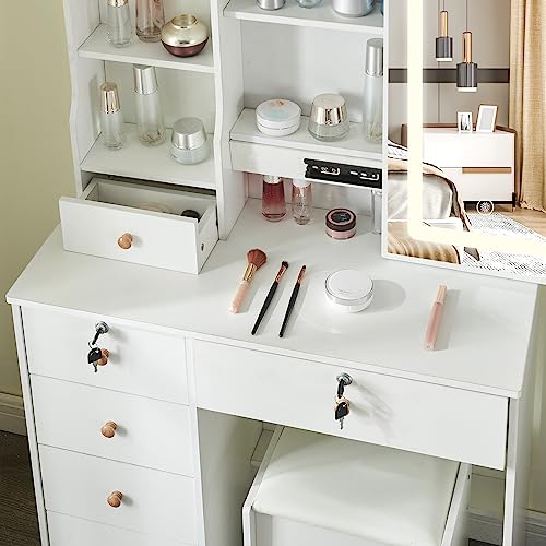 Makeup Vanity Dresser with Mirror and LED Light, 6 Drawers and Shelves Dressing Table with 3 Lighting Modes Brightness Adjustable, Makeup Table w