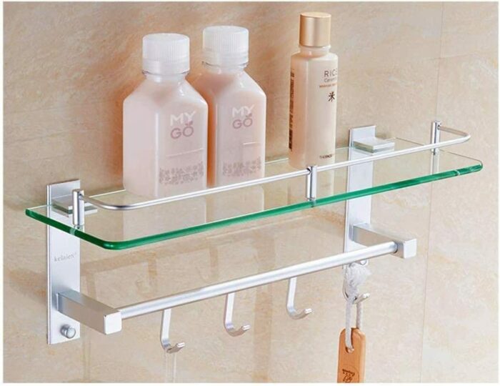 XHALERY Towel Rack Wall Mount Bathroom Shelf with Hooks Multifunctional Space Aluminum Material 7Mm Tempered Glass Shelf Towel Rack/15 * 30Cm