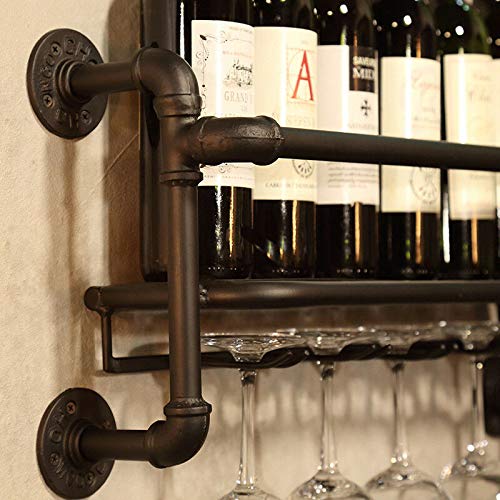 Industrial Wall Mounted Wine Rack-6 Bottle Metal Storage Holder-with 5 Stem Glass Holder -23inch