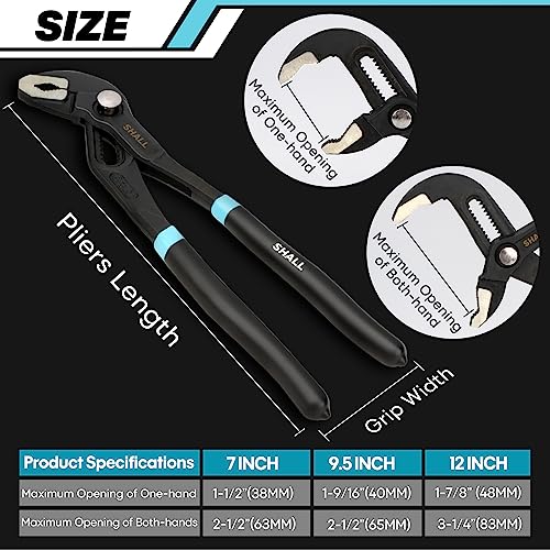 SHALL 3-Piece Groove Joint Pliers Set (12, 9-1/2, 7 Inch), Push-Lock Water Pump Pliers in Cr-v Steel, Fast Adjustable Tongue and Groove Pliers wi