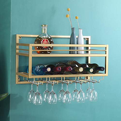 HUANGXING - Industrial Wine Racks Wall Mounted with 5 Stem Glass Holder,23.6in Metal Hanging Wine Holder Wine Accessories,2 Tiers Wall Mount Bott