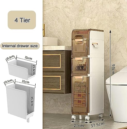 OPSREY 4 Tier Bathroom Floor Cabinet Vertical Storage Unit, Toilet Paper Storage Stand Plastic, Narrow Bath Organizer with Drawers