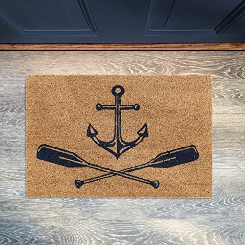 Relaxdays Nautical Anchor and Oars Doormat Coir, 40x60 cm, Door Mat Inside & Outside, Non-Slip, Dark Blue/Natural Coir