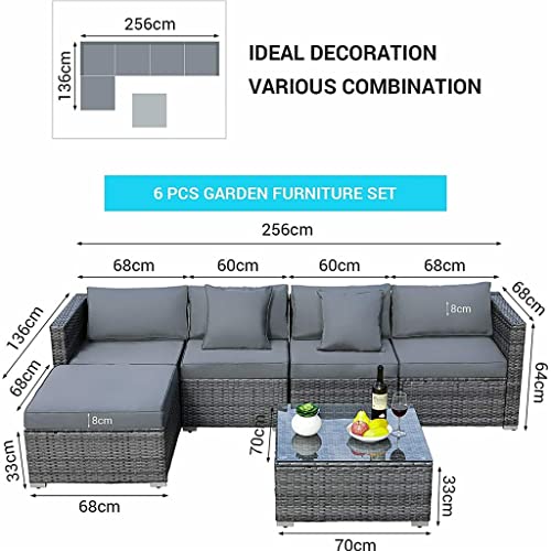 DLOETT 6PCS Rattan Garden Corner Sofa Set Outdoor Garden Furniture Set Patio Sofa Set with Glass Coffee Table Cushions Pillows