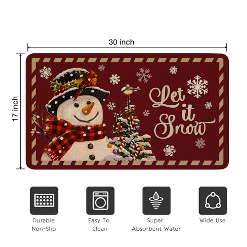 Red Christmas Welcome Doormat for Indoor/Outdoor Entrance Cute Snowman Let It Snow Decoration Door Mat Merry Xmas Kitchen Door Floor Mat Bedroom