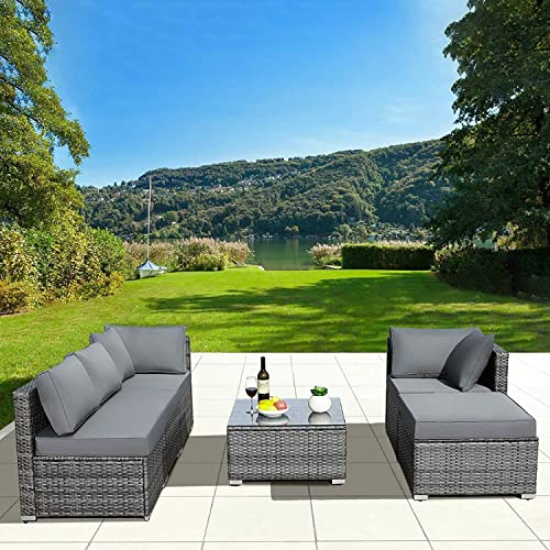 DLOETT 6PCS Rattan Garden Corner Sofa Set Outdoor Garden Furniture Set Patio Sofa Set with Glass Coffee Table Cushions Pillows