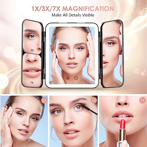 Kostlich Travel Trifold Vanity Mirror with 3 Color Lights, Rechargeable 1X/3X/7X Magnifying Mirror, Portable Light Up Makeup Mirror