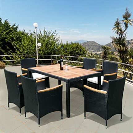 TFIIEXFL Acacia Wood Top 7 Piece Outdoor Patio Wicker Dining Set Patio Wicker Furniture Dining Set Exterior