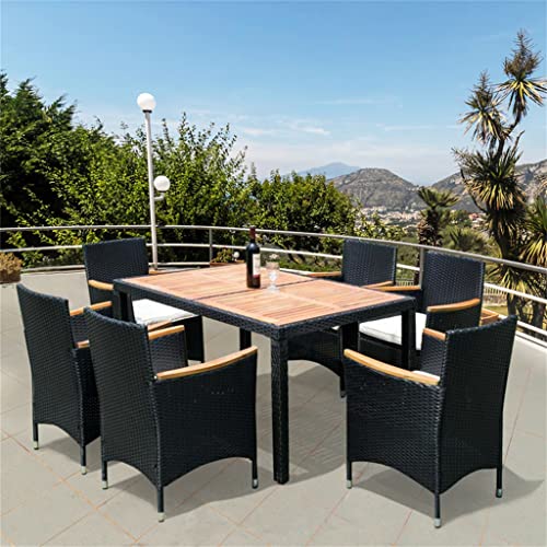 TFIIEXFL Acacia Wood Top 7 Piece Outdoor Patio Wicker Dining Set Patio Wicker Furniture Dining Set Exterior