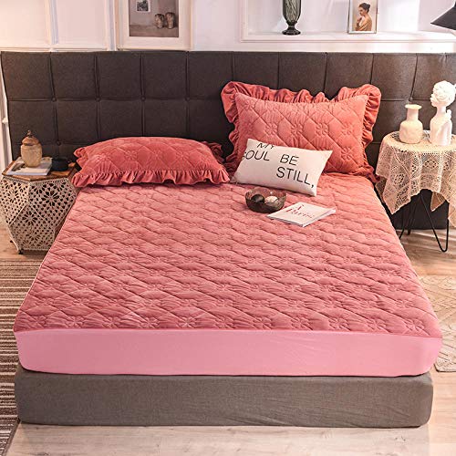 King Sheets Set,Thick Warm Winter Crystal Velvet Mattress Protection Cover, Bedroom Quilted Solid Color Non Slip Mattress Topper Bed Cover Dark B