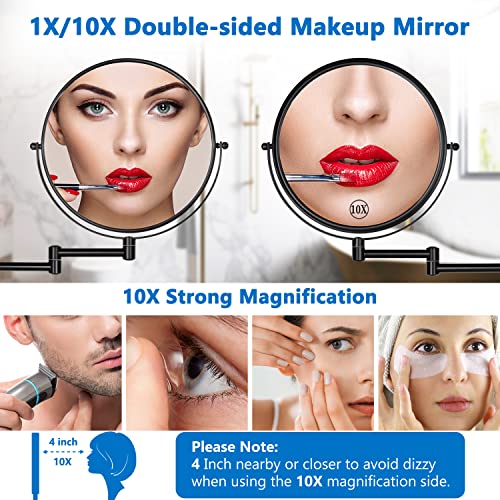 DECLUTTR 9" Wall Mounted Makeup Mirror, 1X/10X Magnifying Mirror Double-Sided, Large Size 360° Swivel Makeup Mirror with Magnification, Extendabl