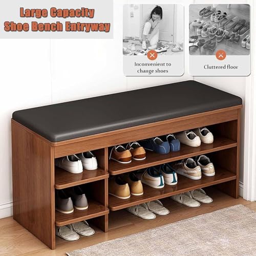 N/A Entryway Bench with PU Leather Cushion Shoe Rack Bench, 2 Tier Storage Shelf, Self-Assembly, for Small Space Entrance Bench with Shoe Storage