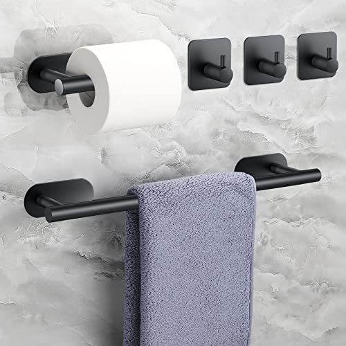 Black Towel Rail Set,JiGiU 5 Pieces Self Adhesive Bathroom Hardware Kit 16 inch Hand Towel Holder,Toilet Paper Holder & 3 Towel Hook SUS304 Stain