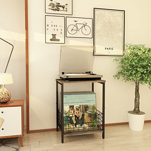 2-Tier Record Player Table, Industrial Retro Side Table Nightstand Small End Table for Living Room Bedroom Kitchen Office Small Spaces, Record Pl