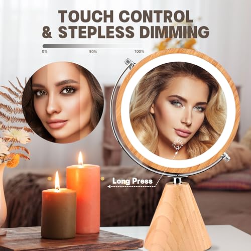 SLIMOON 8" Vanity Mirror with Lights and Bamboo Stand, 1X/10X Double Sided Magnifying Mirror with Light, 360° Rotation, 3 Colors Brightness Adjus