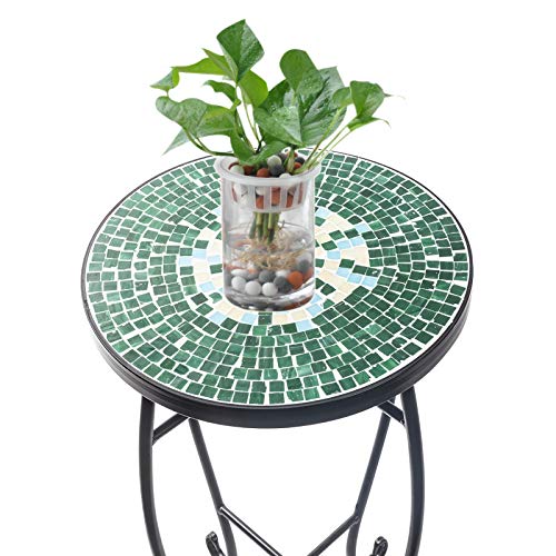 display4top Mosaic Round Outdoor Accent Table,Plant Flower Stand,Round Side Table (Green)