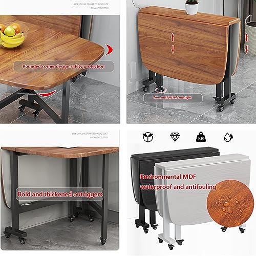 UE-MAOLU Dining table, Kitchen Folding Dining Table, Wood Extendable drop leaf table,with Moveable Wheels Saving Space, Round Edge Design,for Liv