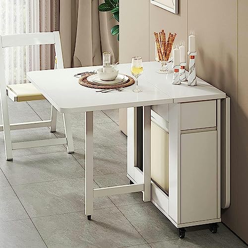Extendable Folding Dining Table Set, Multifunctional Mobile Kitchen Table with 1 Storage Drawer and 6 Chairs, Space Saving Drop Leaf Dining Table