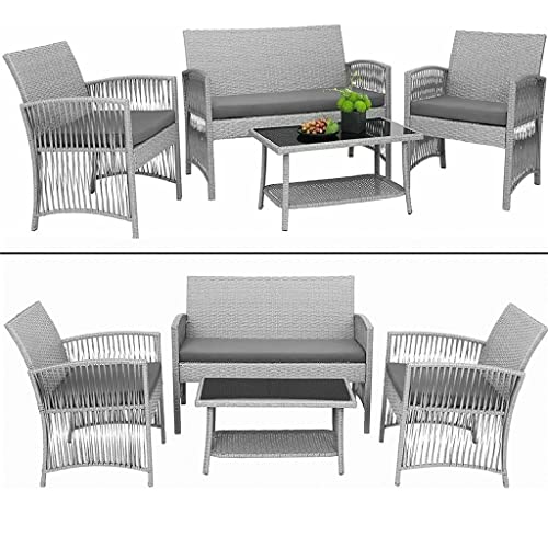 DLOETT 4pcs Garden Furniture Outdoor Garden Lounge Set with Cushions Glass Table Garden Patio Rattan Sofa Set