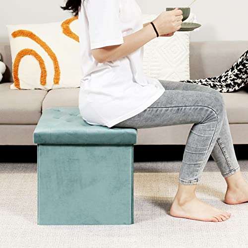 Bonlife Folding Teal Velvet Ottoman Storage Cube,Footrest Stool Seat,Toy Chest Storage Box with Lid,Footstool for Living Room,40x40x40cm