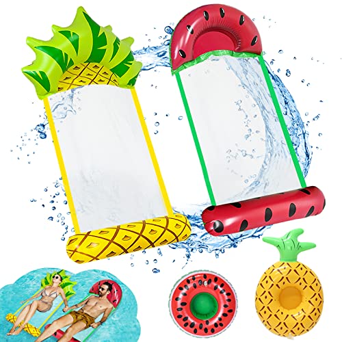 FORMIZON 2 Pcs Pool Float Hammock, 4-in-1 Multi-Purpose Inflatable Hammock with 2 Pcs Floating Cup Holder, Swimming Pool Watermelon Pineapple Por