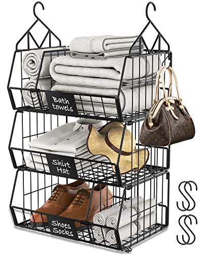 DECOHOME 3 Shelf Metal Hanging Shelves Organiser, Foldable Stackable Wardrobe Storage Shelves with 4 S-Hook, Wall Mounted Storage, Durable Storag