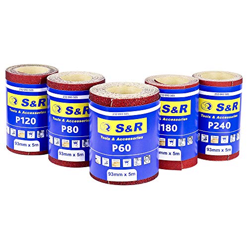 S&R Sandpaper Roll Set, 5 Rolls 93 mm x 5 m: grit 60/80/120/180/240, for wood, metal, steel, stainless steel