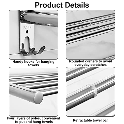 HONPHIER Towel Rails Wall Mounted Chrome 2 Tier Adjustable Towel Bars Stainless Steel Towel Rack With Hooks 43-78CM Towel Shelves for Kitchen Bat