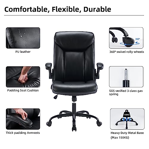 MZLEE Executive Office Chair, Ergonomic Computer Desk Chair PU Leather Swivel Work Chair with Flip-up Armrest, Adjustable Height, Comfy for Offic