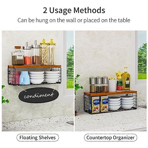 Obswell Kole Floating Shelves with Wire Storage Basket, Bathroom Shelves Over Toilet with Protective Metal Guardrail, Wood Wall Shelves for Bathr