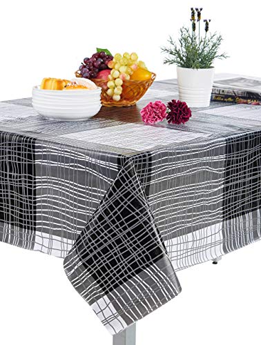 ENCOFT Rectangle Tablecloth Plastic, Waterproof Vinyl Tablecloth for Rectangular Table, Gray Black Stripes Oil Proof Spill Proof PVC Table Cloth