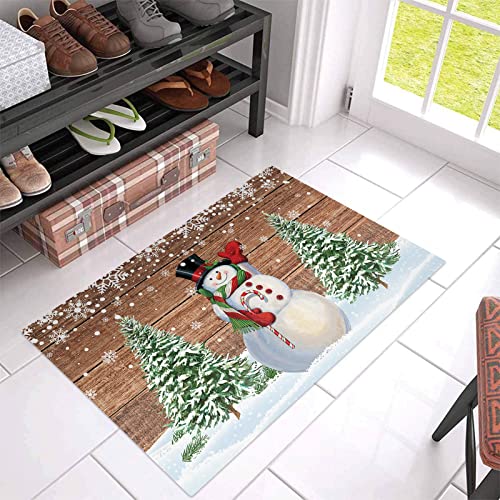 Merry Christmas Doormat Welcome Mat,Snowman Front Door Mat Xmas Tree Doormats,Non Slip Rubber Floor Mat Farm Retro Brown Wood Board Bath Rug for