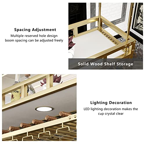 Hanging Wine Rack with 2Lights, Ceiling Mounted Wine Rack Adjustable Industrial Hanging Wine Bottle Holder, Metal Iron Wine Shelf for Bar Dining