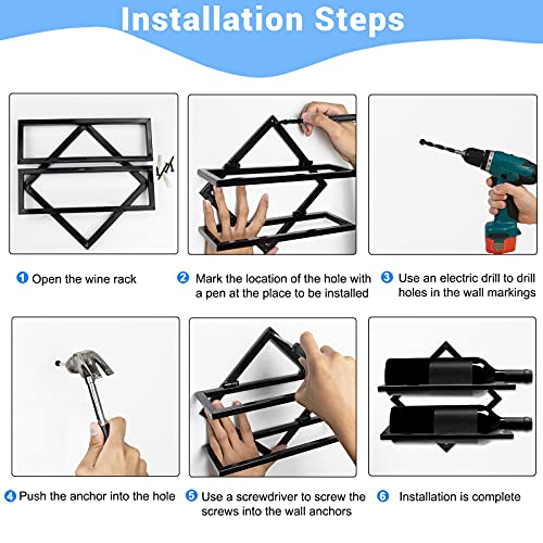 Metal Wall Mounted Wine Holder, Upgrade Foldable Hanging Wall Wine Rack Organizer for 2 Liquor Bottles, Red Wine Bottle Display Hanger with Screw