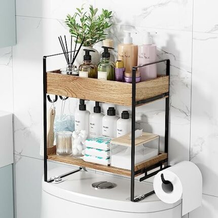 BS-VOG Over The Toilet Storage, Over Toilet Storage Shelf with Wood Base, 2-Tier Back of Toilet Storage Rack Behind Toilet Bathroom Organizer wit