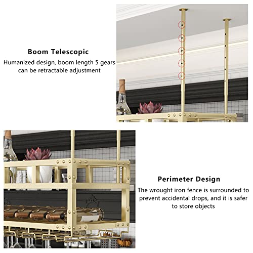 Hanging Wine Rack with 2Lights, Ceiling Mounted Wine Rack Adjustable Industrial Hanging Wine Bottle Holder, Metal Iron Wine Shelf for Bar Dining