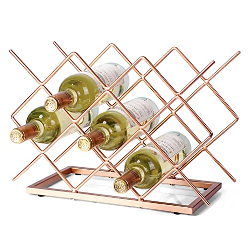 Drincarier Countertop Wine Rack - 10 Bottle Freestanding Modern Rose Gold Metal Small Wine Rack - Tabletop Wine Holder Stand for Cabinet, Pantry,