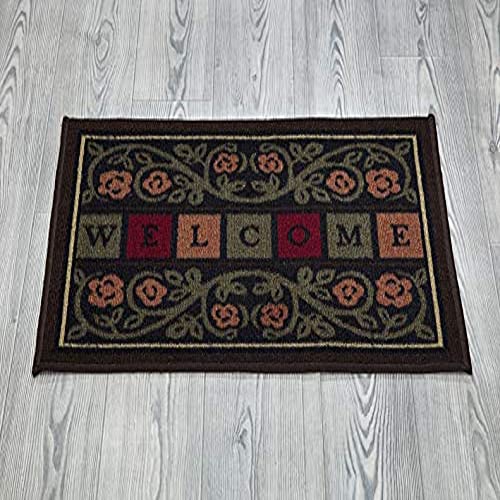 Ottomanson Rubber Back Doormat Collection, Floral Tile Design, "Welcome" Text, 51 cm x 76 cm, Multicolor