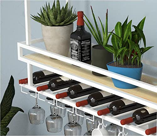 EYLINK Wine Storage Racks, Industrial Hanging Wine Rack with Glass Holder and Guard Rail, Ceiling Mount Floating Shelf 2 Tier, for Kitchen/Restau