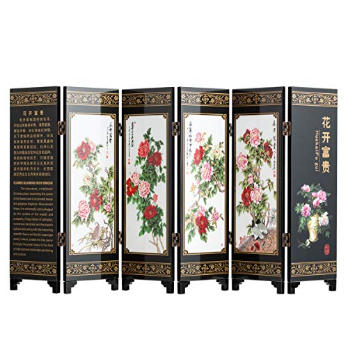 TJ Global 6-Panel Traditional Chinese Art for Home Decoration - Decorative Lacquerware, Home Decor, Lacquer, Oriental, Mini Divider (Peonies)