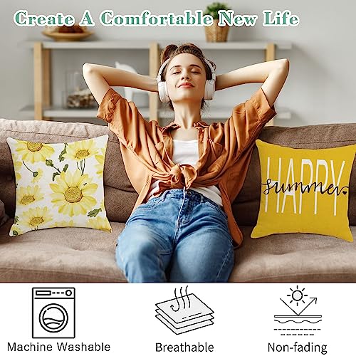 Cushion Covers 45 x 45cm, Yellow Sunflower Cushion Covers Included Sets 4, Outdoor Cushion Covers, Linen Throw Pillow Cover for Garden Sofa Chair