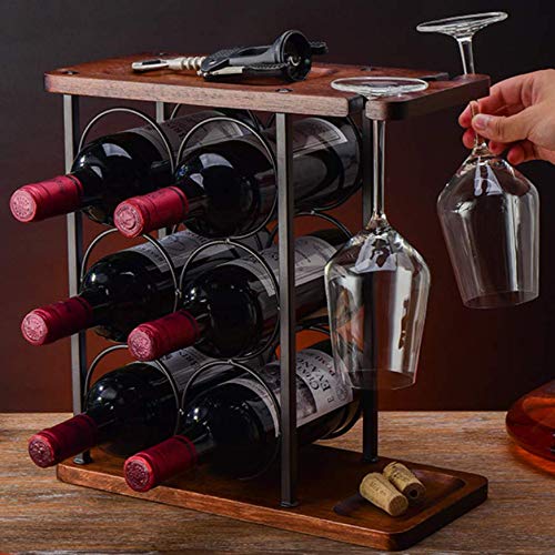 LINGLAN Wine Rack 6 Bottles, Countertop Wine Bottles Holder Racks, 3 Tier Wine Display Shelves with 2 Wine Glass Drying Rack